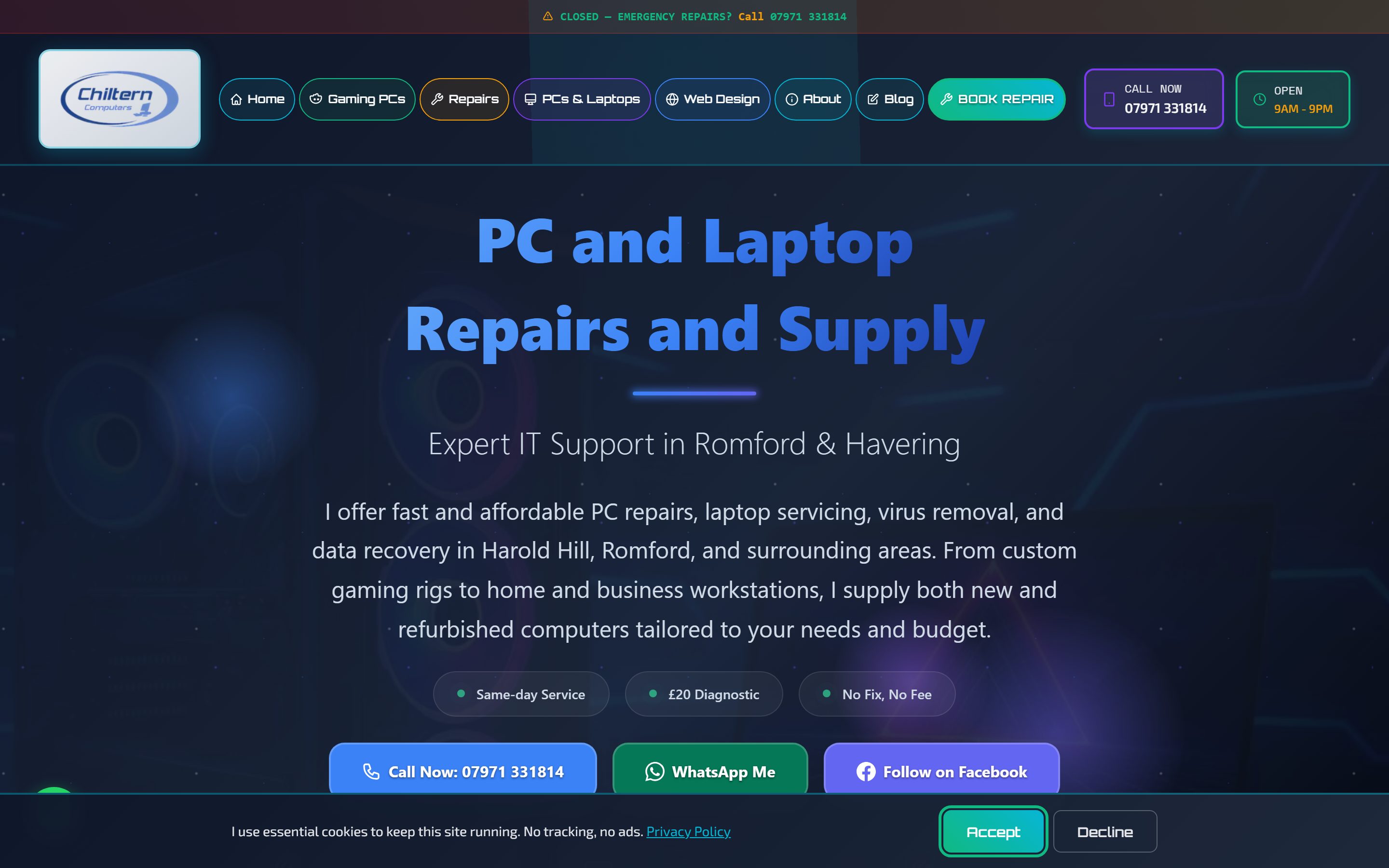 Screenshot of Chiltern Computers homepage